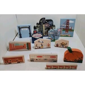 Lot Of 12 Cats' Meow Wooden  Shelf Sitters Pumpkin Golden Gate New Years Vintage